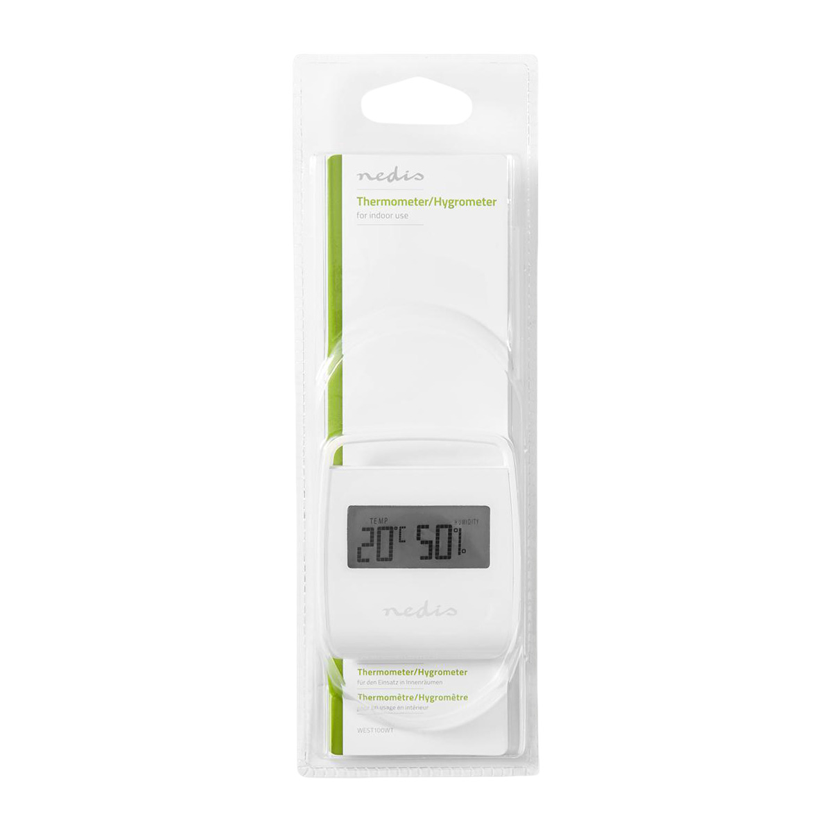 Ein Nedis Thermometer/Hygrometer mit digitaler Anzeige von Temperatur und Luftfeuchtigkeit.