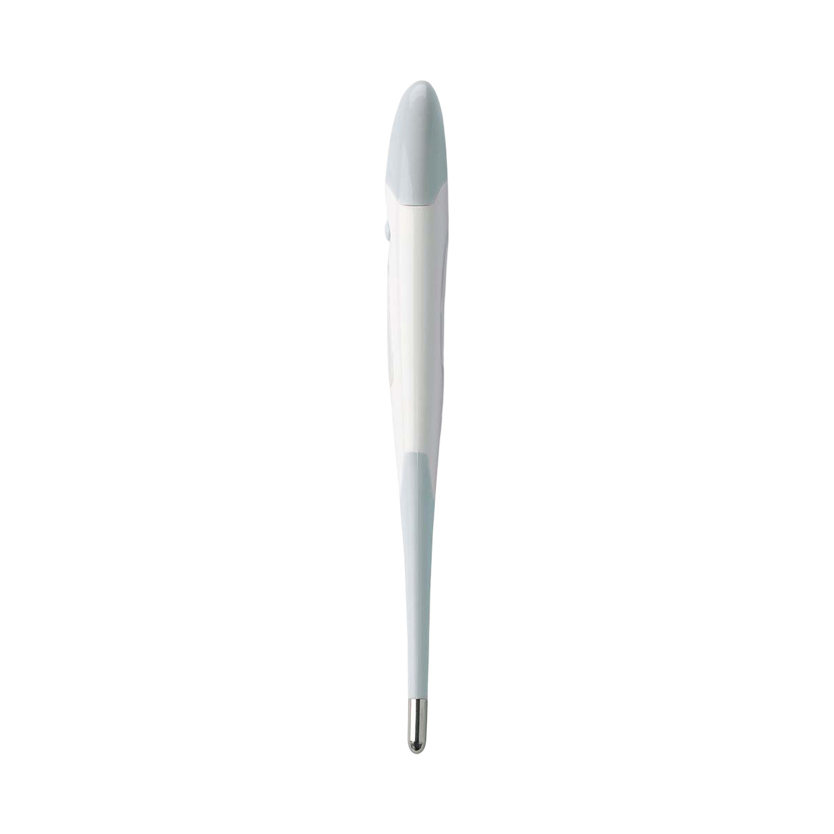 Ein weißes digitales Thermometer mit einem hellblauen Griff und einer silbernen Spitze.