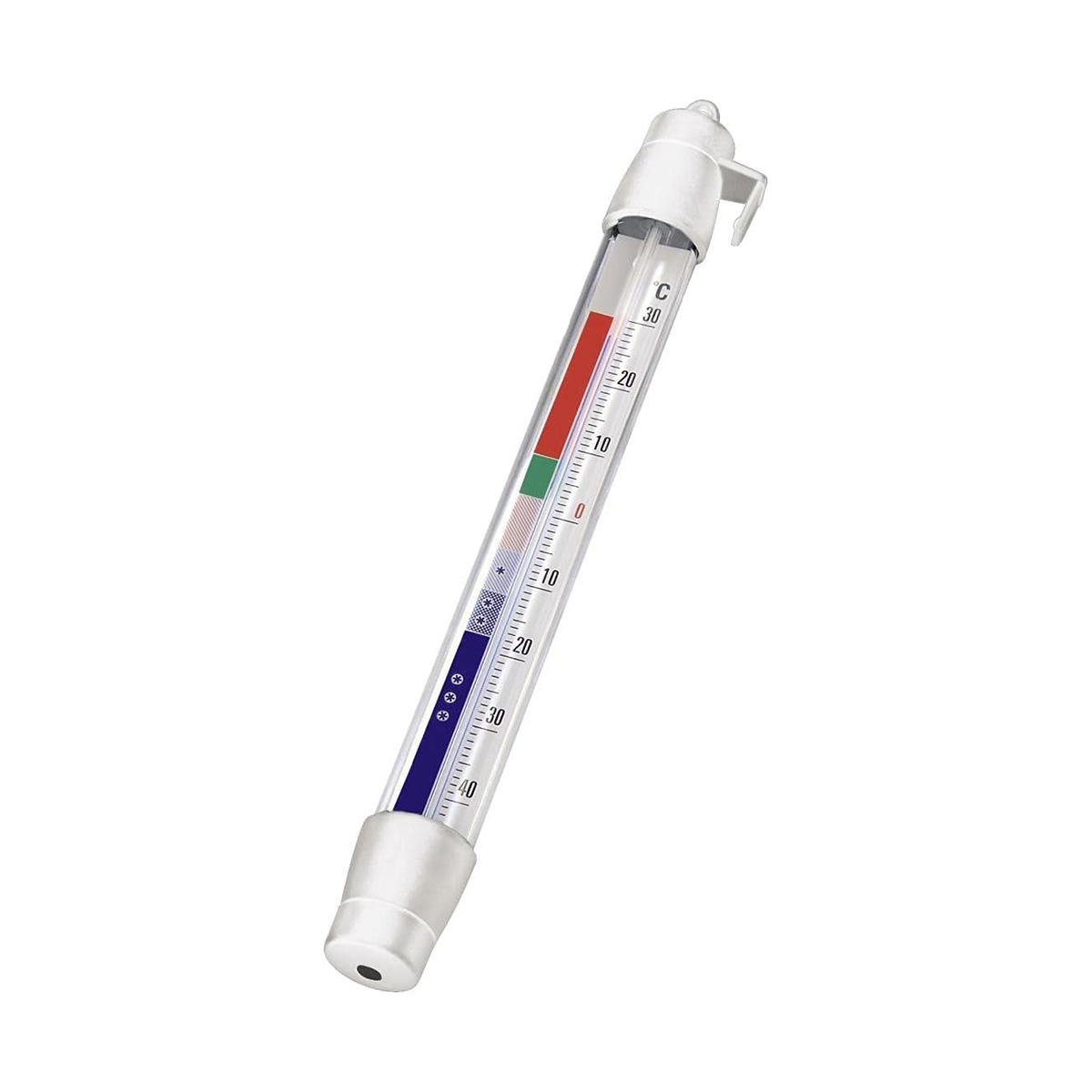 A white thermometer with a scale from -40 to 30 degrees Celsius.