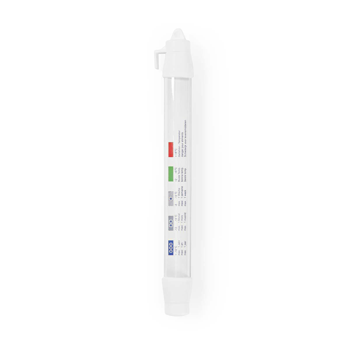 A white thermometer with a temperature scale and food safety warnings.
