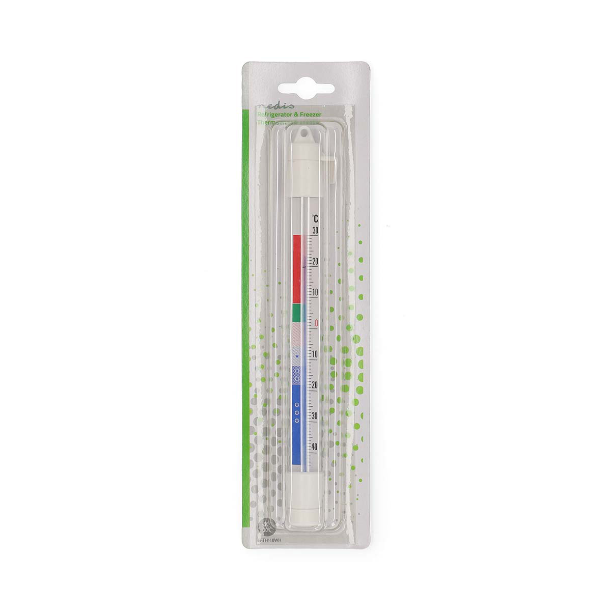A refrigerator thermometer in white packaging with green dots.