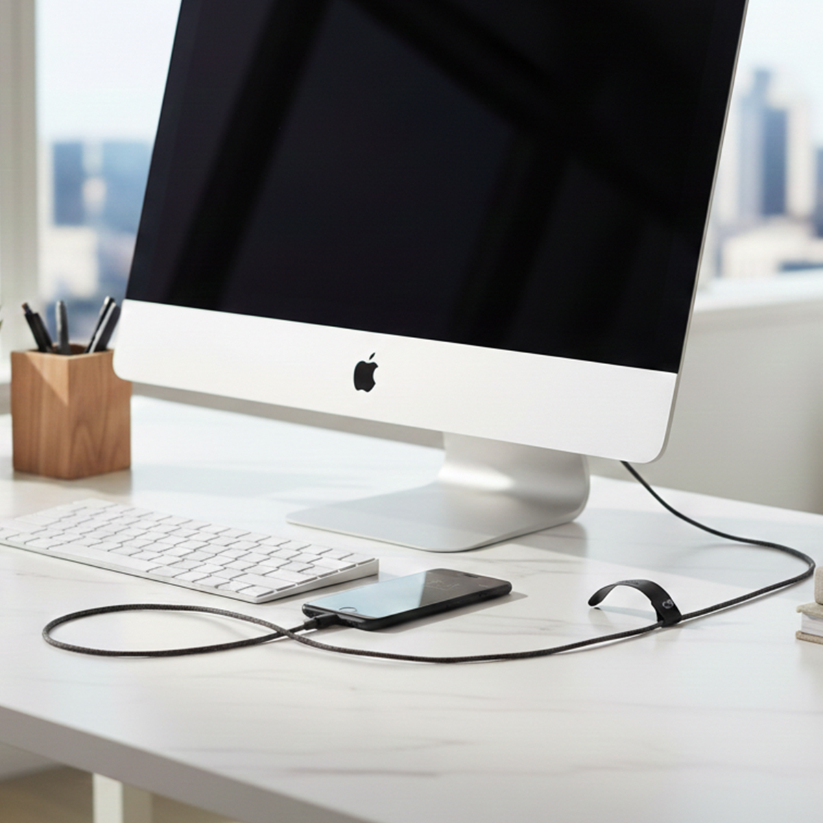 Un iMac, tastiera, smartphone e portapenne su una scrivania.