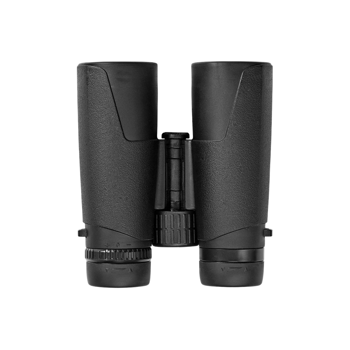 Czarny lornetka z pierścieniem ostrości i regulowanymi okularami, na białym tle.