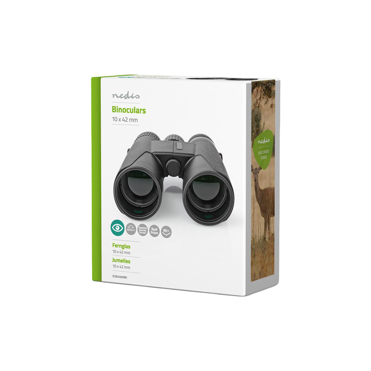 Lornetka Nedis 10x42mm na opakowaniu z jeleniem w tle.
