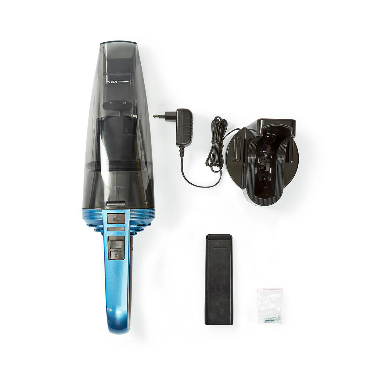 Blue handheld vacuum with charging station, power adapter, wall mount, and accessories.