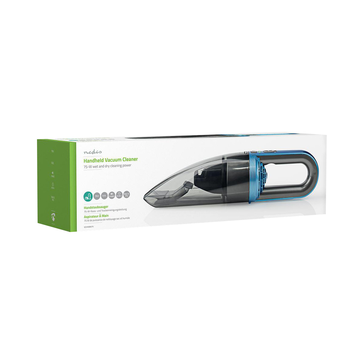 A black and blue handheld vacuum cleaner with a transparent bin on its packaging.