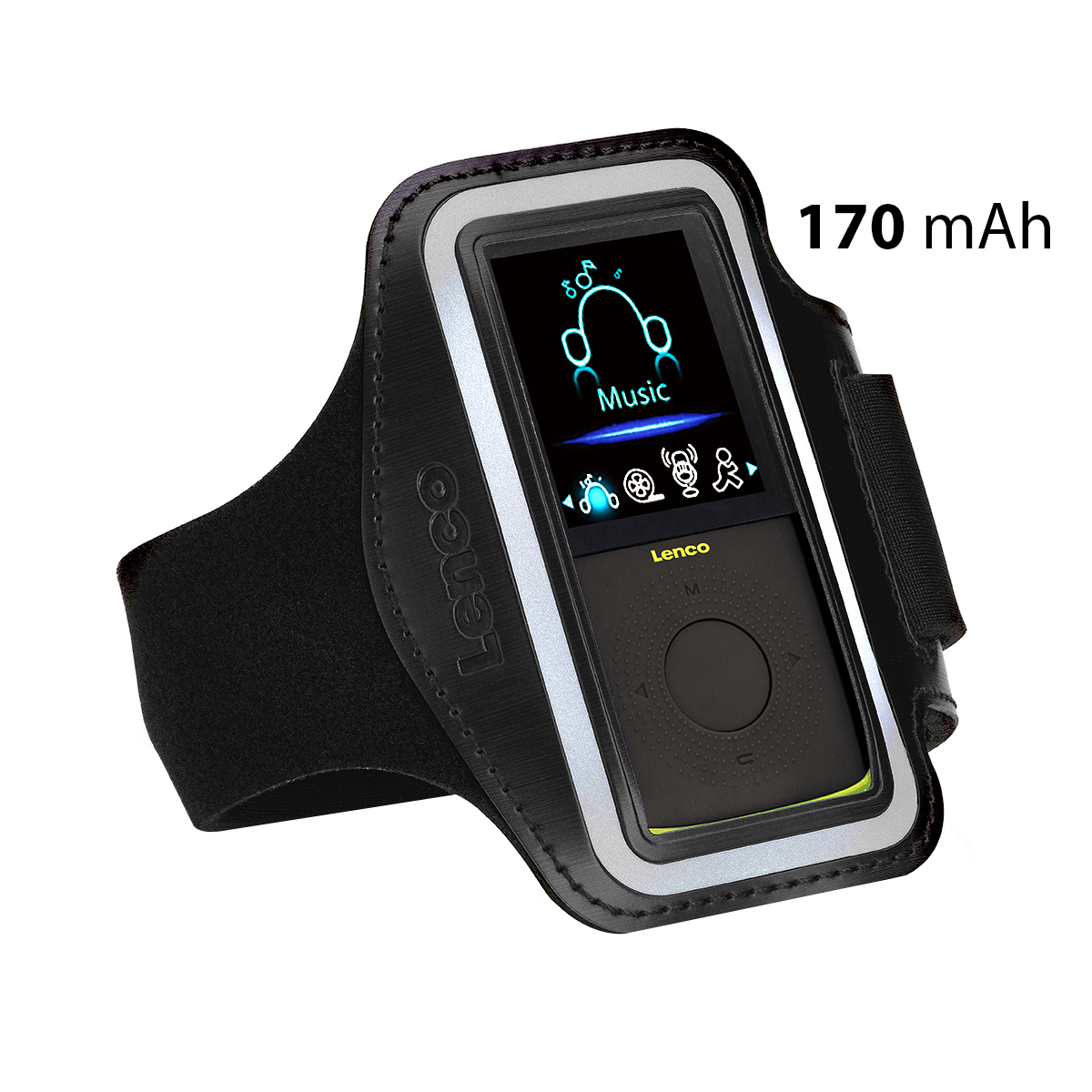 Schwarzer Lenco Musik-Player in Armbandhalterung mit 170 mAh Angabe.