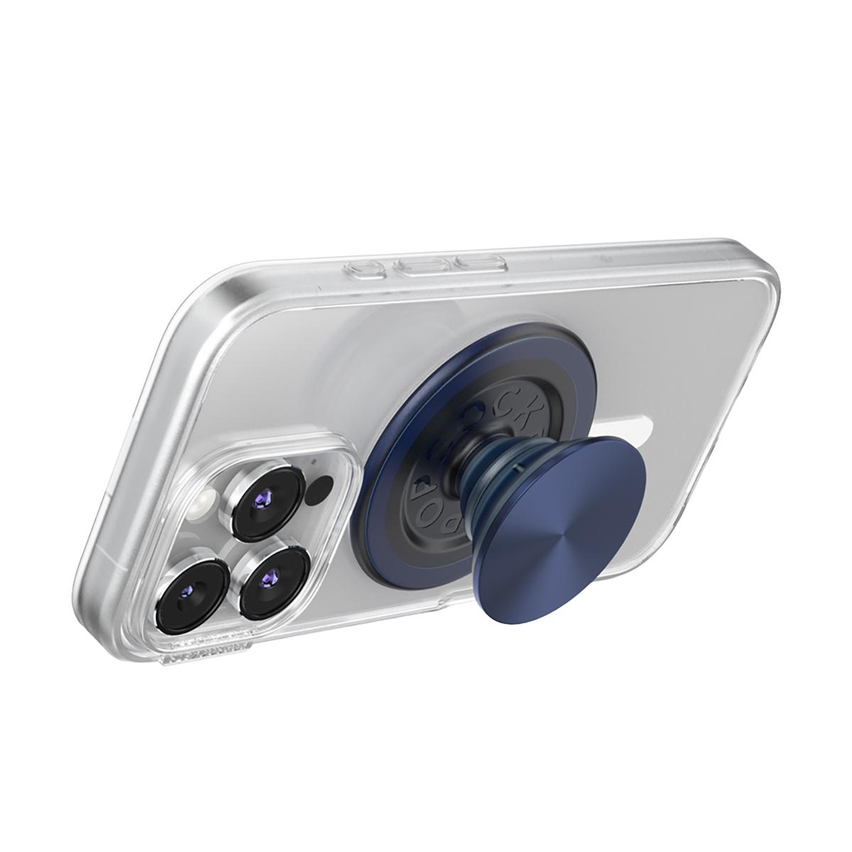 Un PopSocket azul oscuro está adherido a la parte posterior de una funda transparente para iPhone.