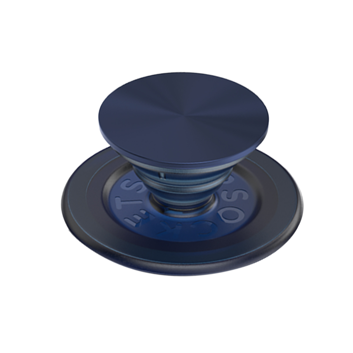 Un agarre PopSocket azul oscuro con parte superior redonda y plana, sobre fondo blanco.