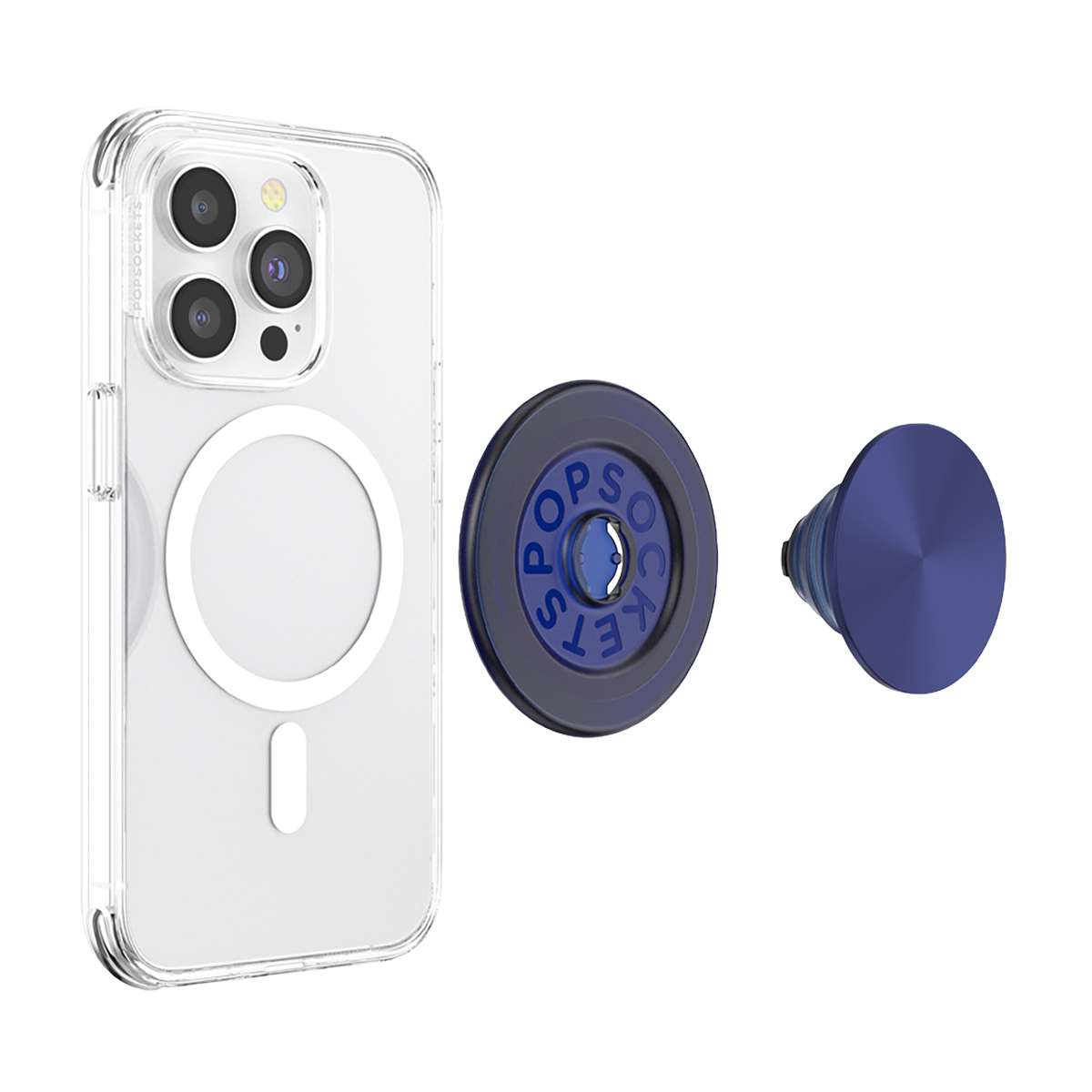 Funda transparente para teléfono con MagSafe y soporte y base PopSocket azules.