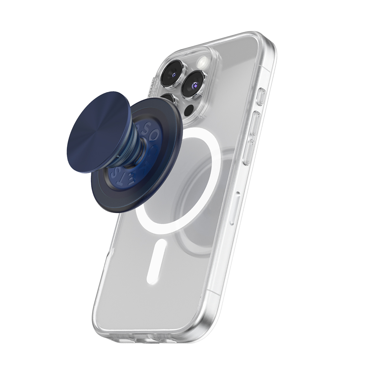 Un PopSocket azul oscuro en la parte trasera de un iPhone transparente con anillo MagSafe.