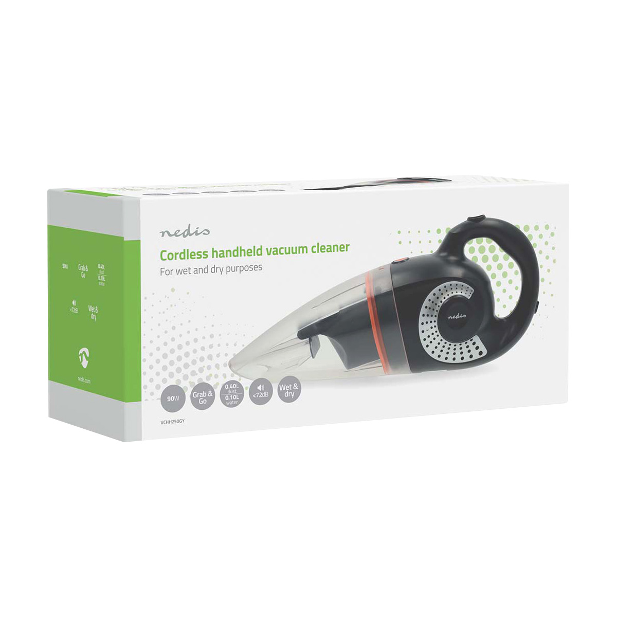 Handlicher kabelloser Staubsauger mit schwarzem Griff und transparentem Behälter auf Kartonverpackung.