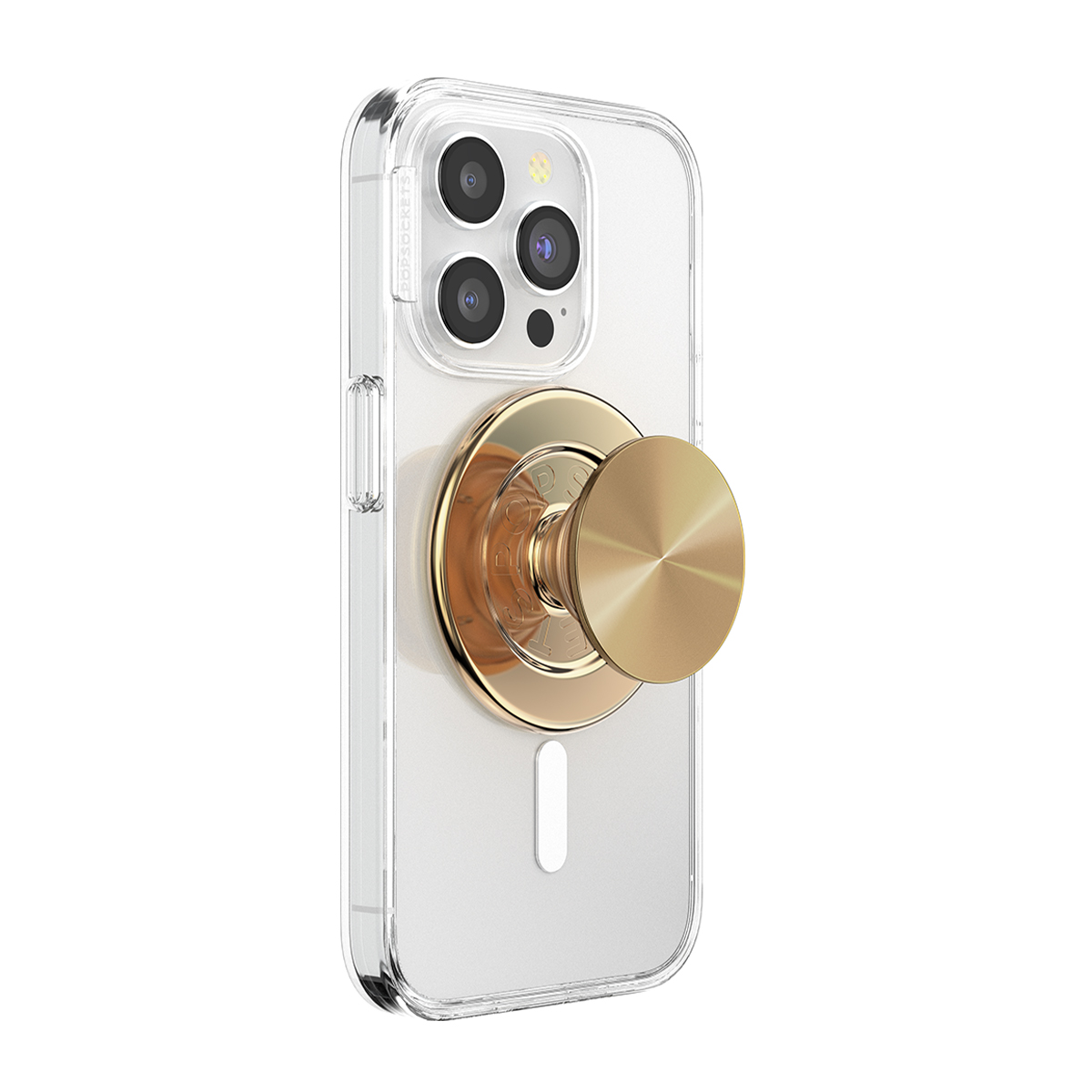 Un PopSocket dorato è attaccato a una cover trasparente per telefono.