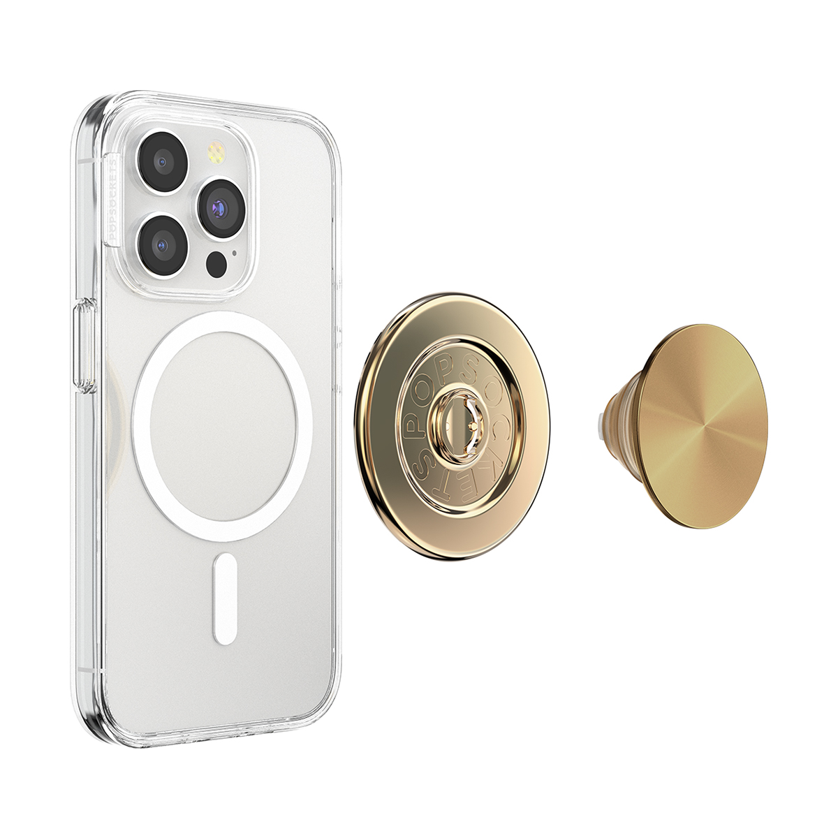Una cover trasparente per telefono con tre fotocamere e un PopSocket dorato.