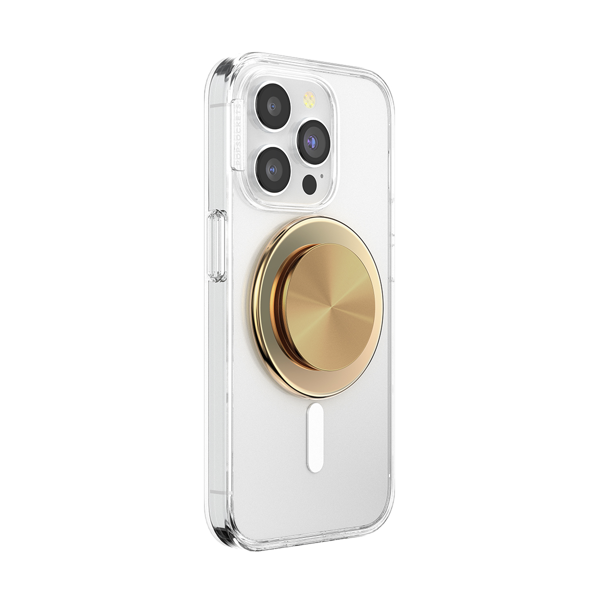 Custodia trasparente per iPhone con PopSocket ad anello dorato e tre lenti.