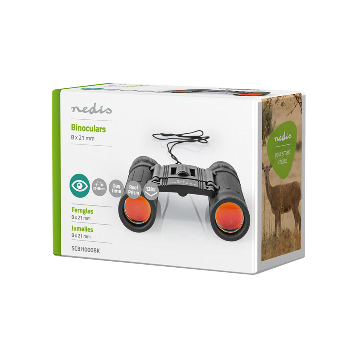 Opakowanie lornetki Nedis z lornetką i jeleniem w tle.