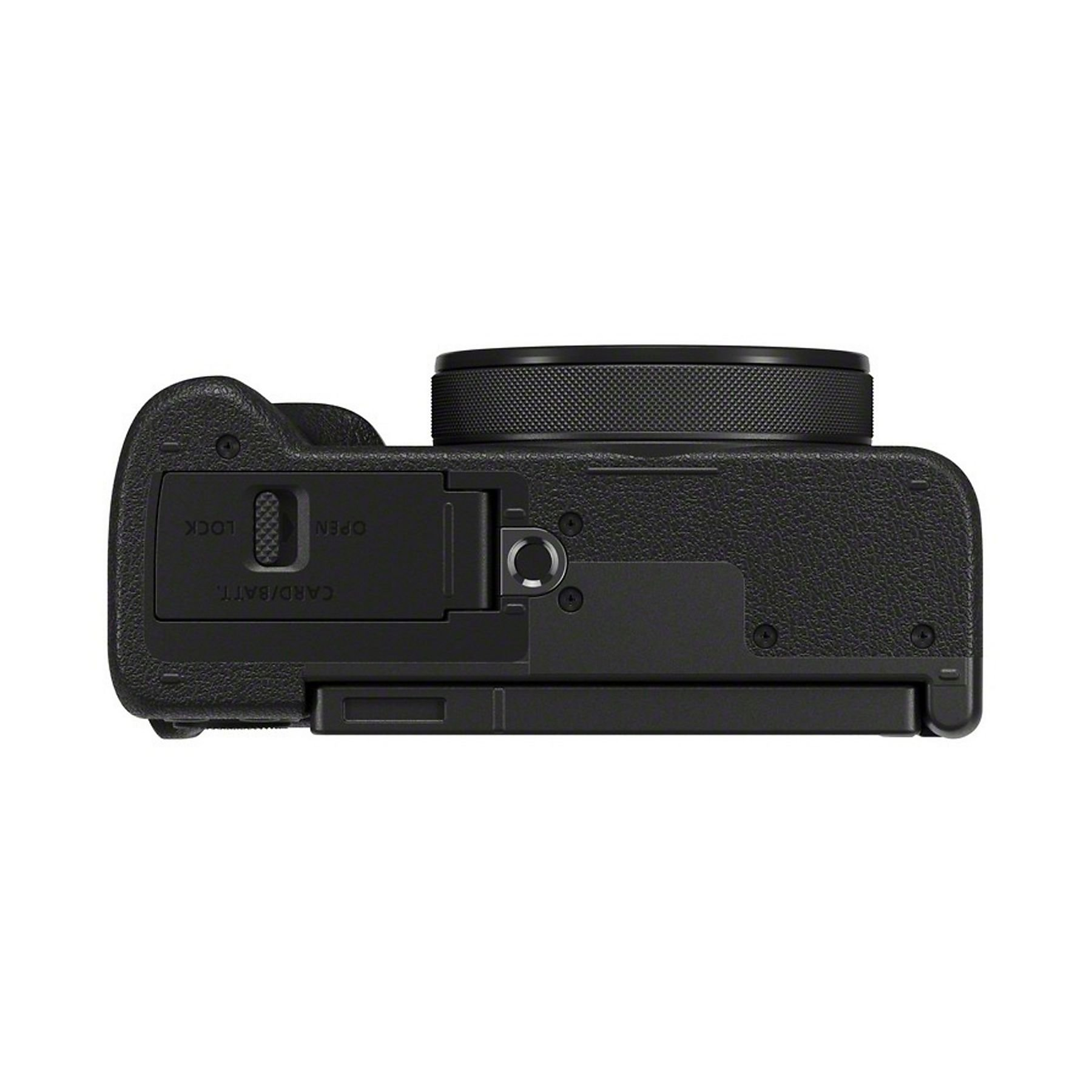 Schwarze Kamera mit offenem Batteriefachdeckel und Rad.