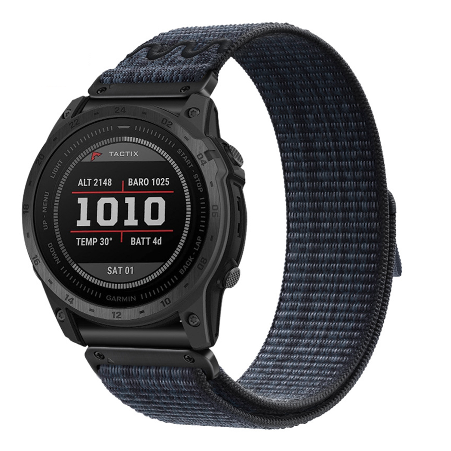 Czarny smartwatch Tactix z ciemną opaską materiałową i szczegółowym wyświetlaczem.