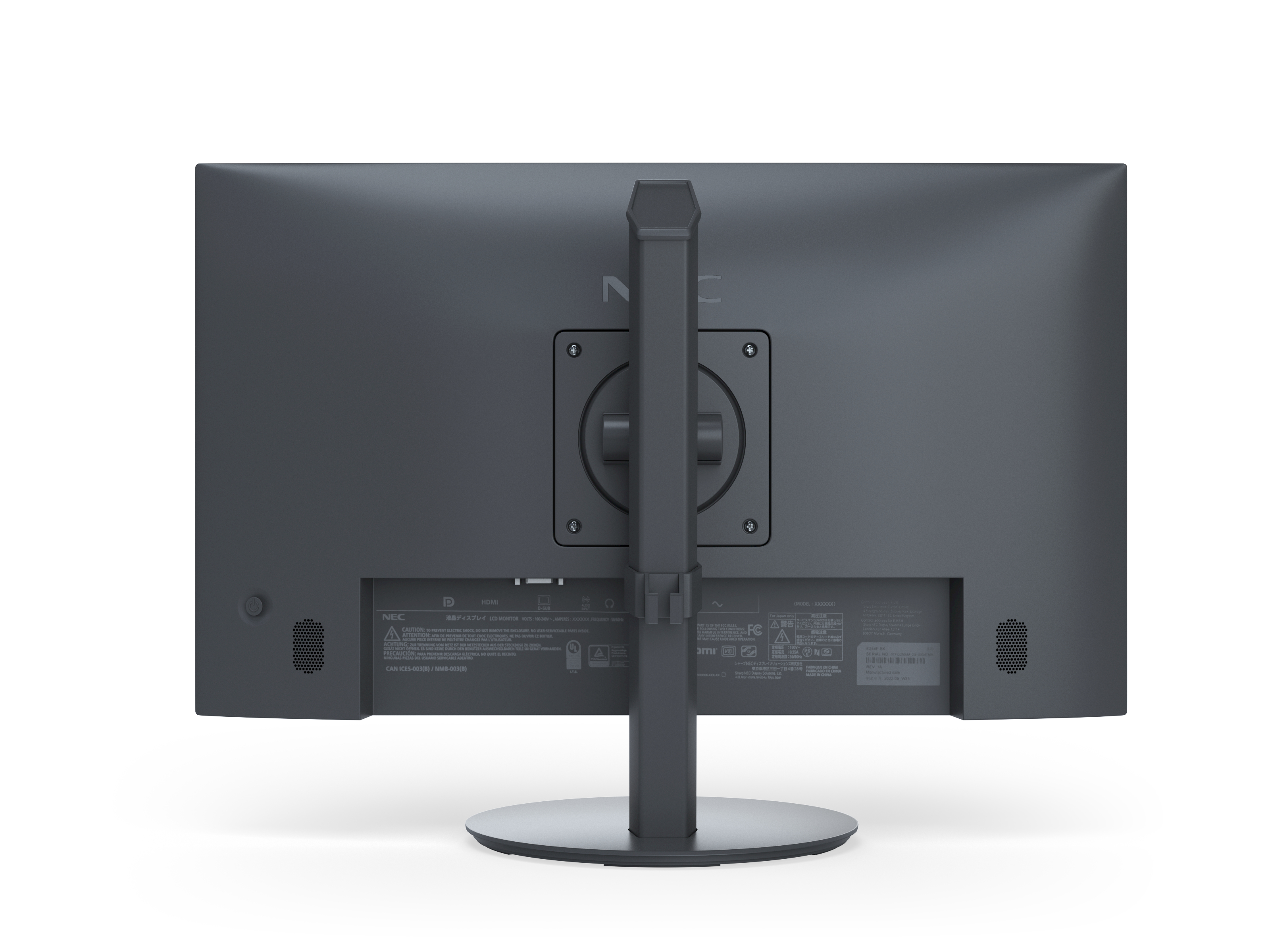 Vista posteriore di un monitor NEC nero con porte ed etichette.