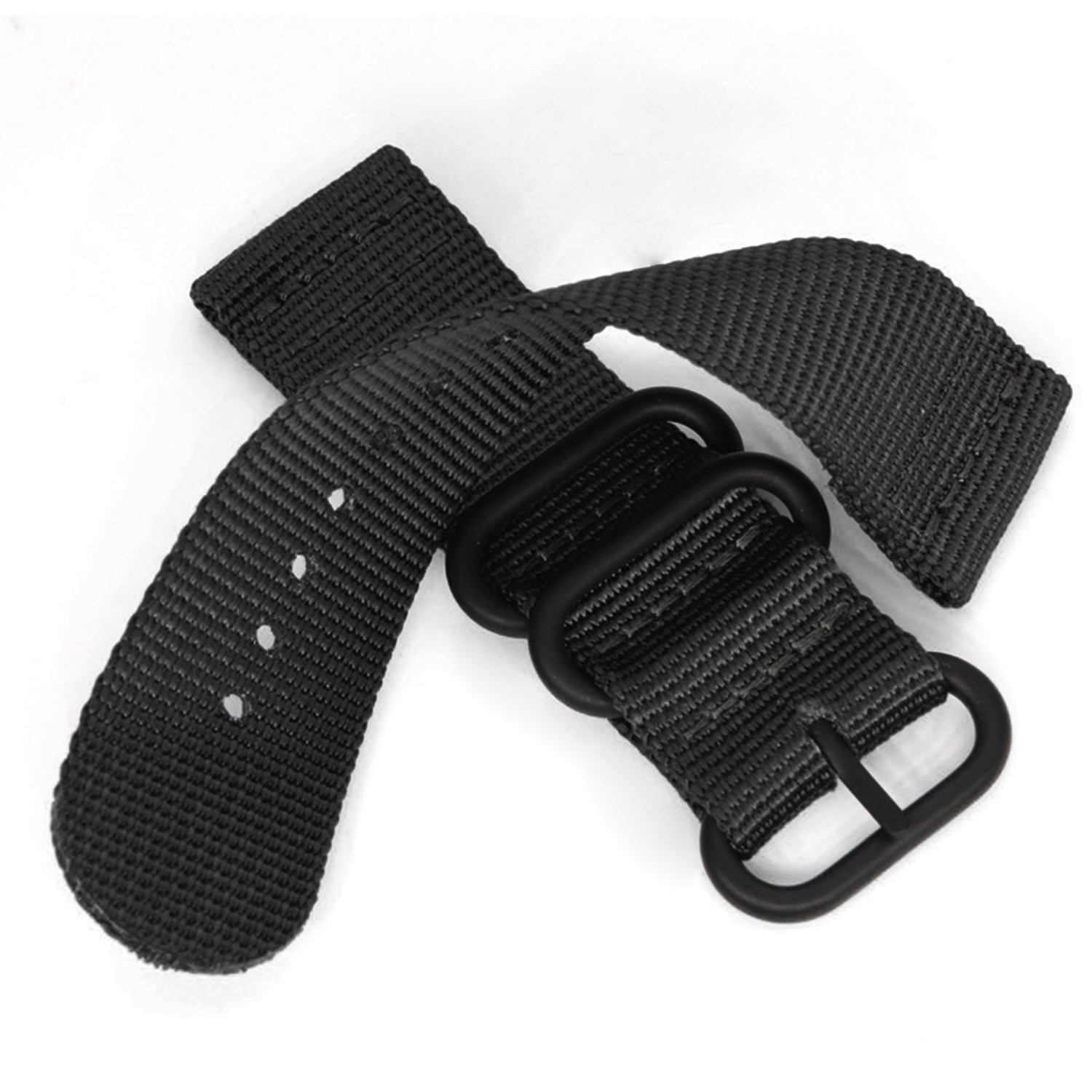 Czarny nylonowy pasek do zegarka z klamrą i pętelkami.