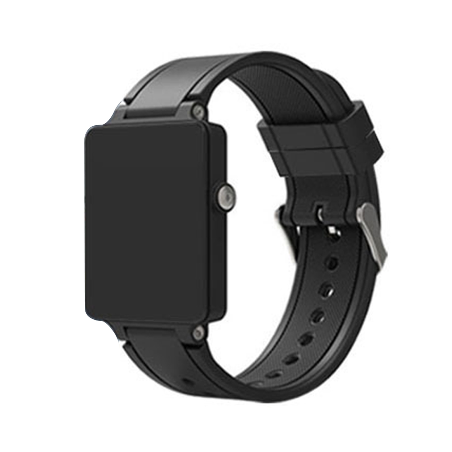 Eine schwarze rechteckige Smartwatch mit schwarzem Armband.