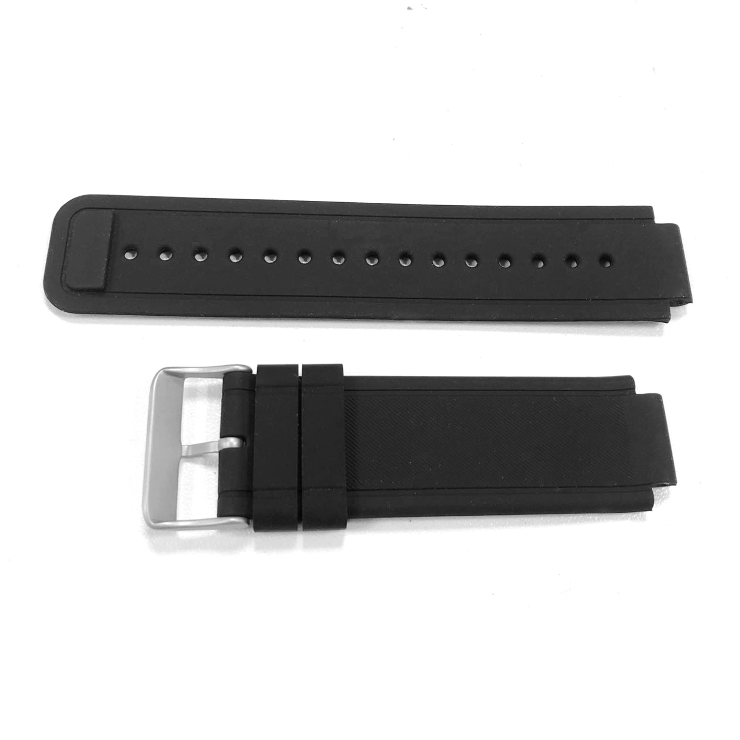 Zwei schwarze Uhrenarmbänder, eines mit Schnalle, auf weißem Hintergrund.