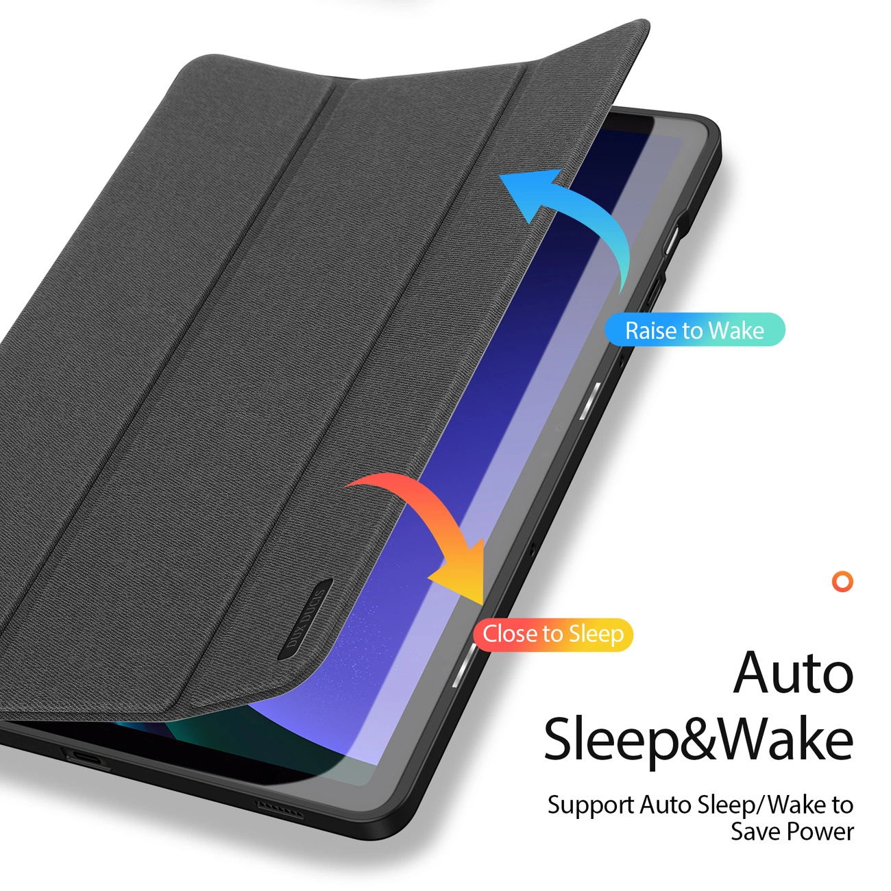 Graue Tablet-Hülle zeigt Auto Sleep/Wake Funktion.