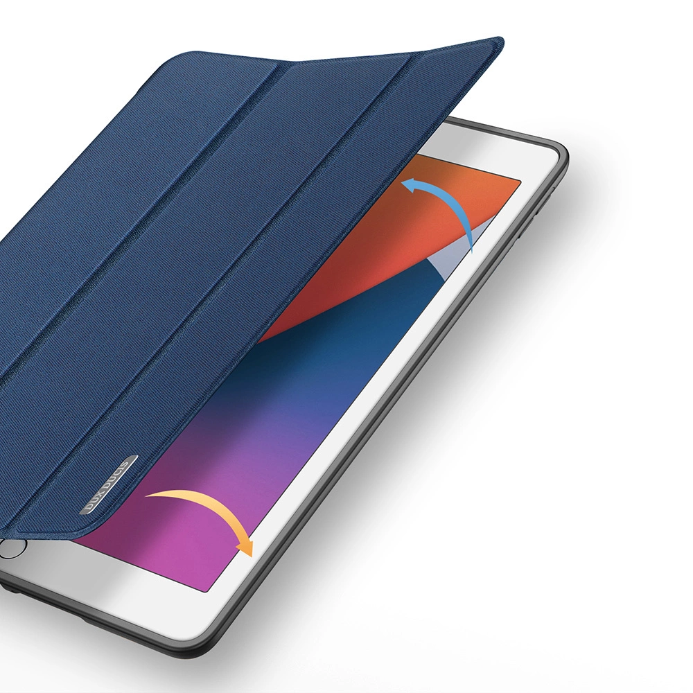 Blaues Tablet mit offenem Bezug. Bildschirm zeigt bunte Grafik.