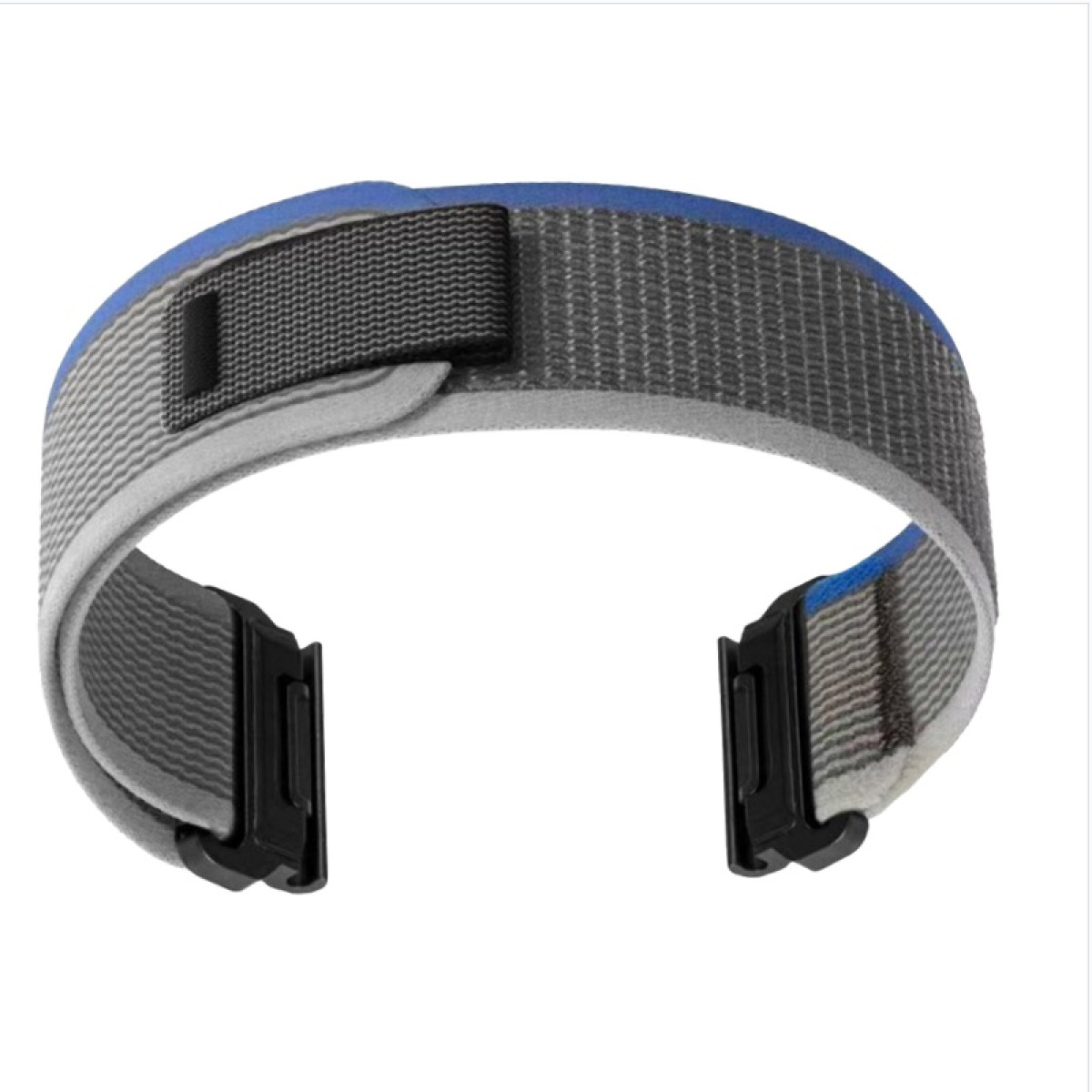 Graues Stoffarmband mit blauen Akzenten und schwarzer Schnalle.