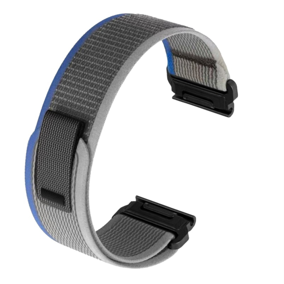 Graues Gewebeband mit blauen Akzenten und schwarzen Schnallen für eine Uhr.