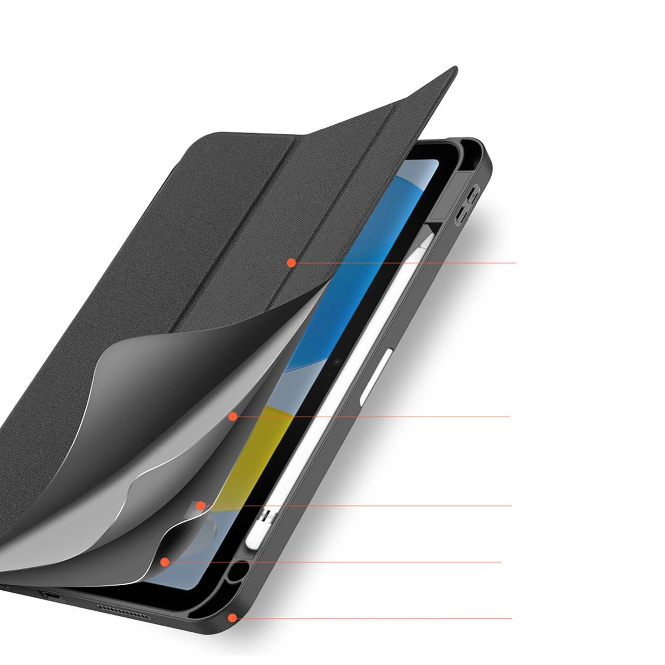 Graue Tablet Hülle mit Schichten und Stift auf weißem Hintergrund.