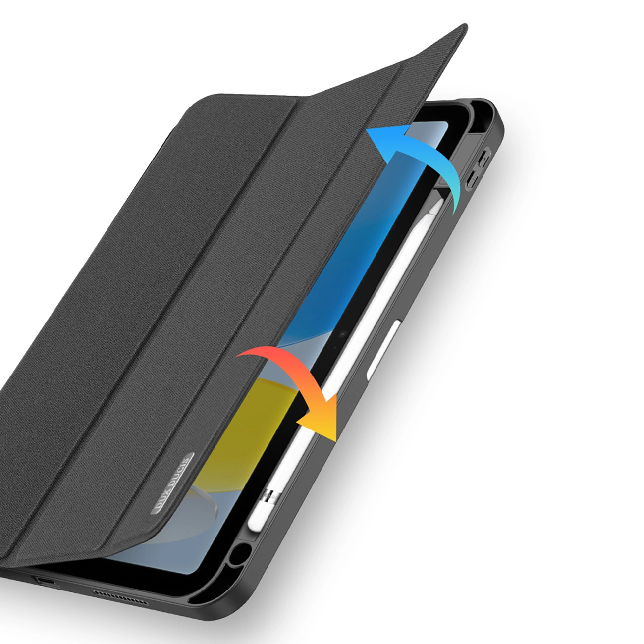 Schwarze Hülle öffnet sich, um ein Tablet mit Stift zu enthüllen.