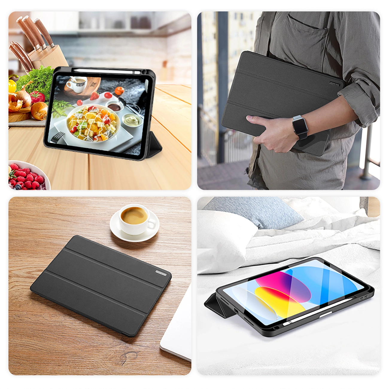 Ein Tablet mit Food-App, ein Mann hält ein Tablet, ein Tablet auf Holz, ein Tablet im Bett.
