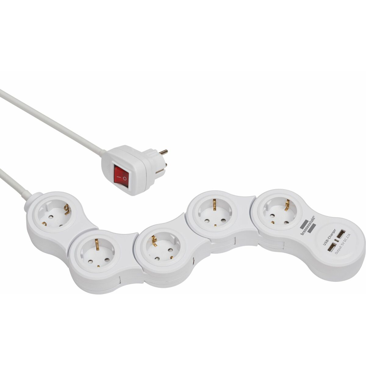 Ein weißes Mehrfachsteckdosenleiste mit USB-Ladegerät und Schalter.