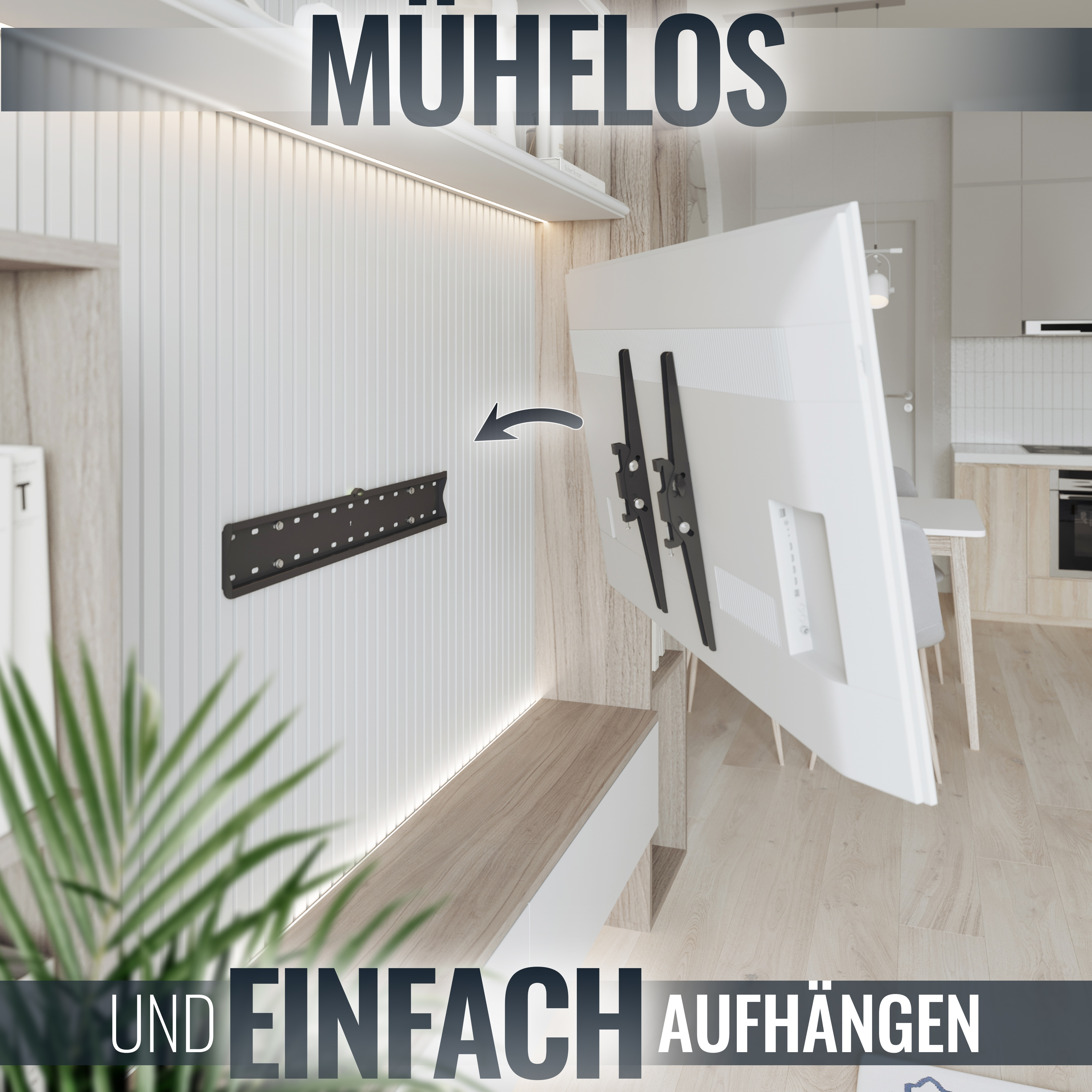 Ein Fernsehhalter wird an einer Wand montiert, daneben ein Fernseher.