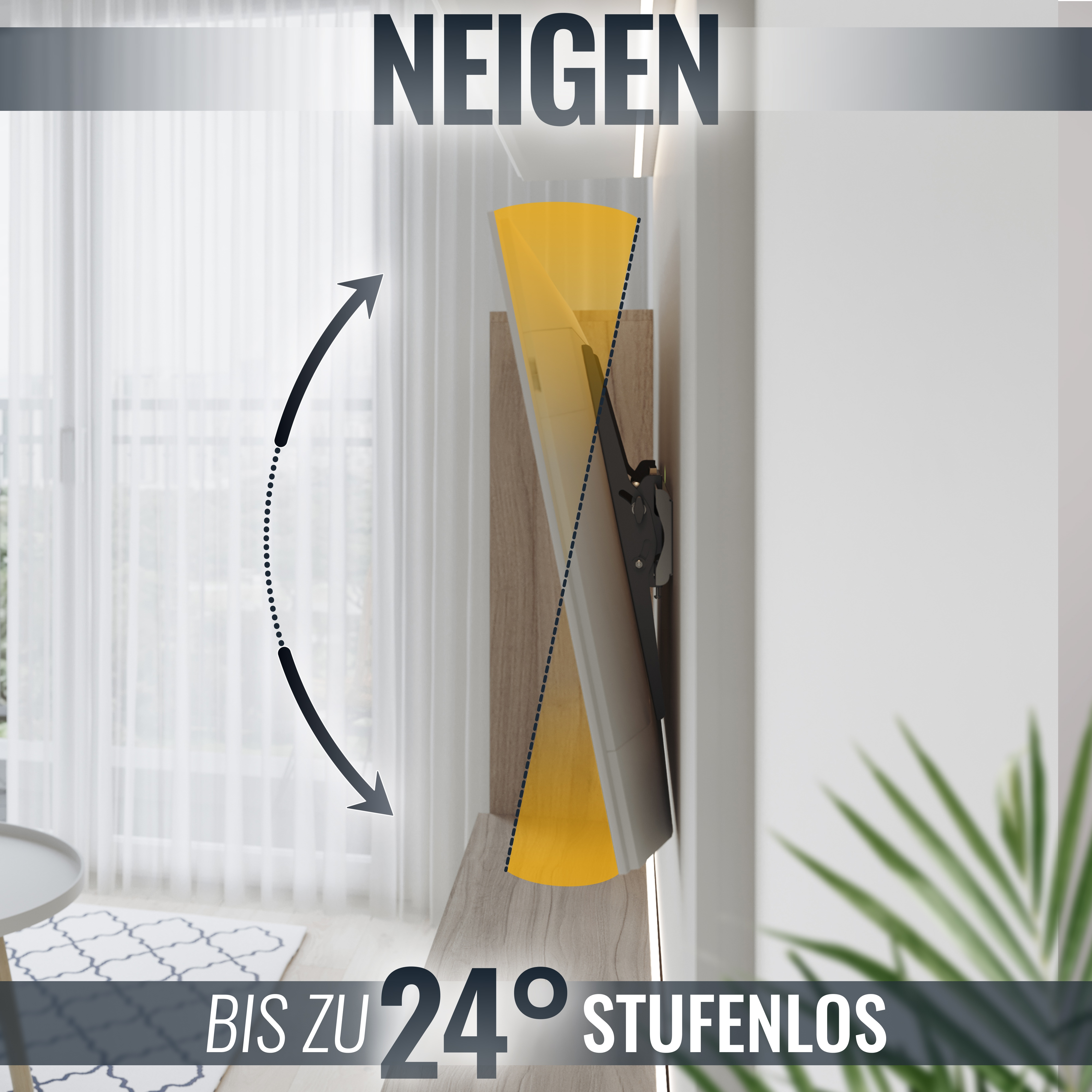 Ein Fernsehhalter neigt sich bis zu 24 Grad stufenlos.