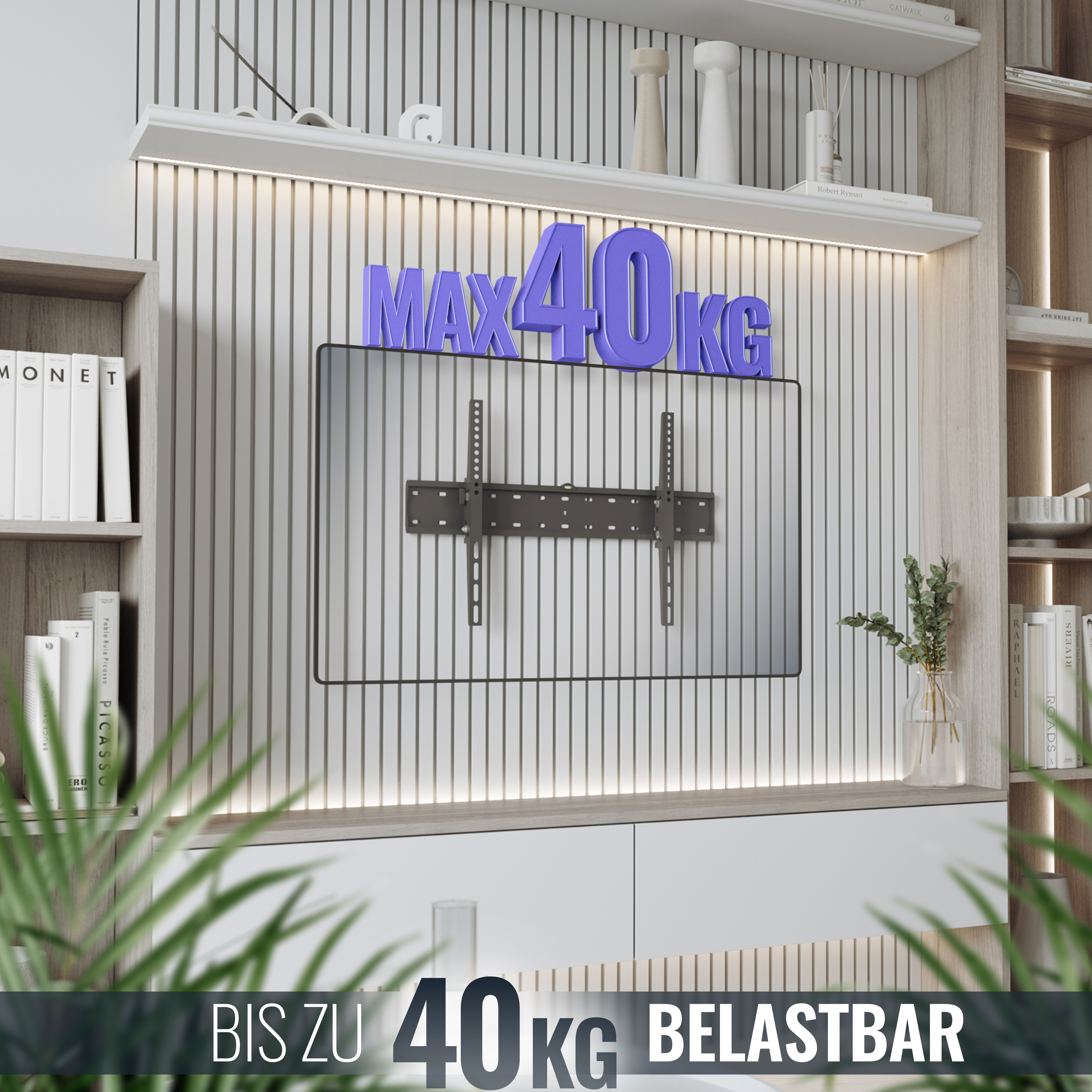 MAX 40KG auf Wandhalterung mit Büchern und Pflanzen in modernem Regal.