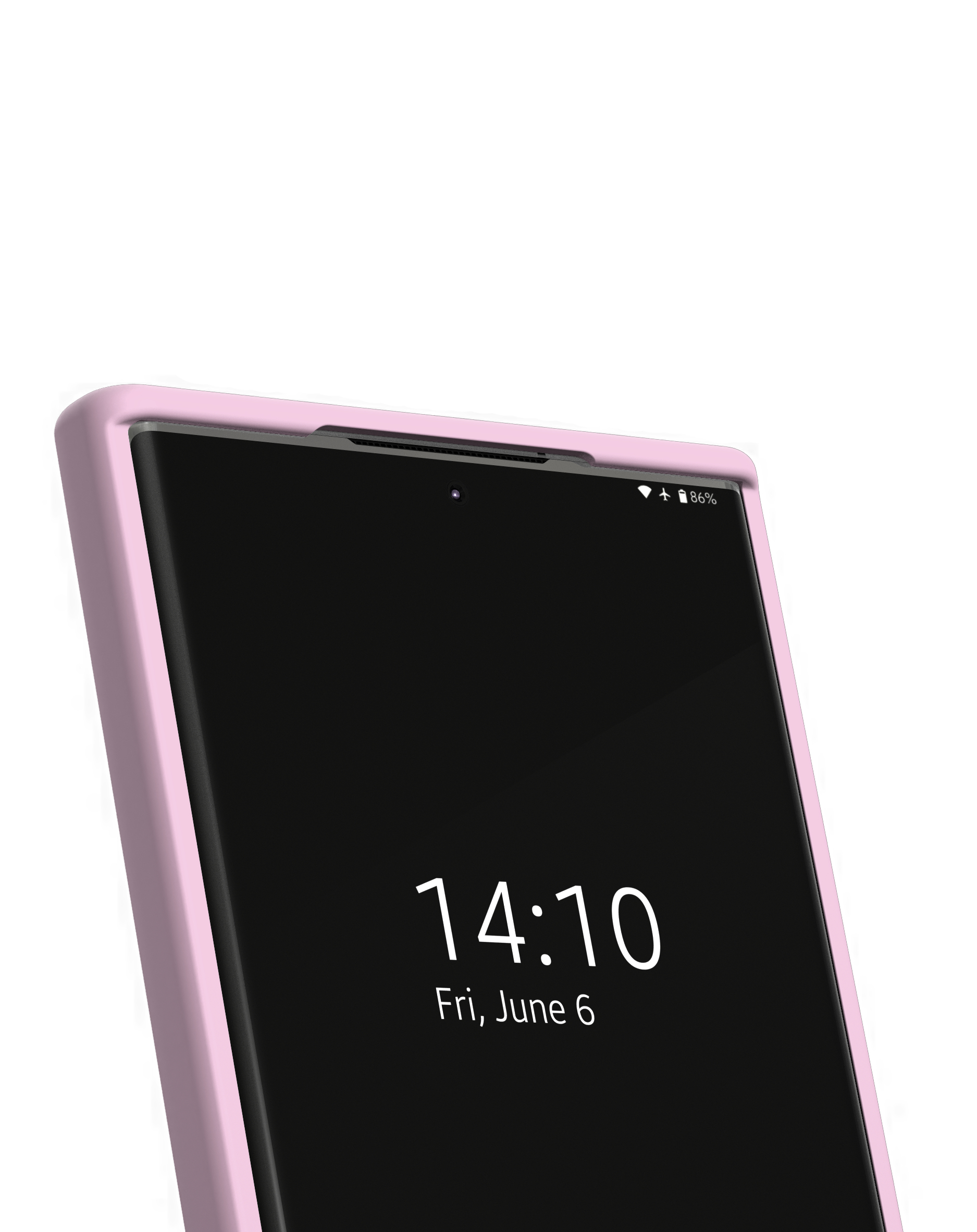 Nahaufnahme eines hellrosa Handycovers mit schwarzem Bildschirm, auf dem 14:10 steht.