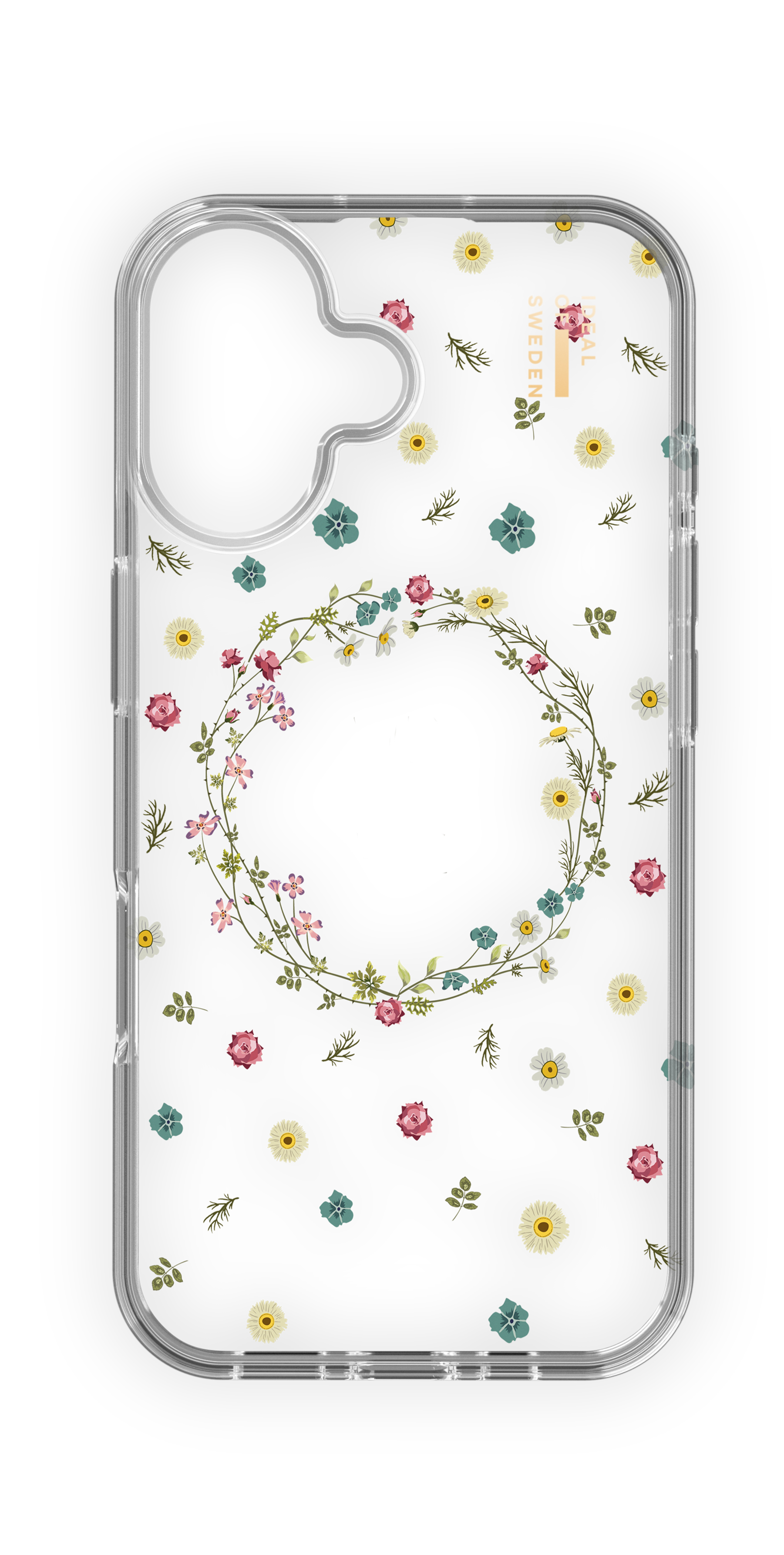 Klare Handyhülle mit rosa, weißen und blauen Blumenmuster und Zweigen.