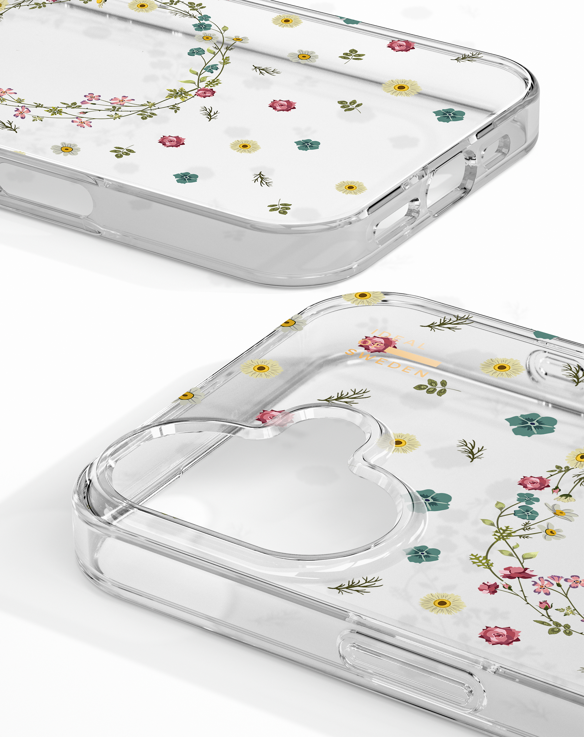 Transparente Handyhülle mit zarten Blumenmustern, Nahaufnahme.