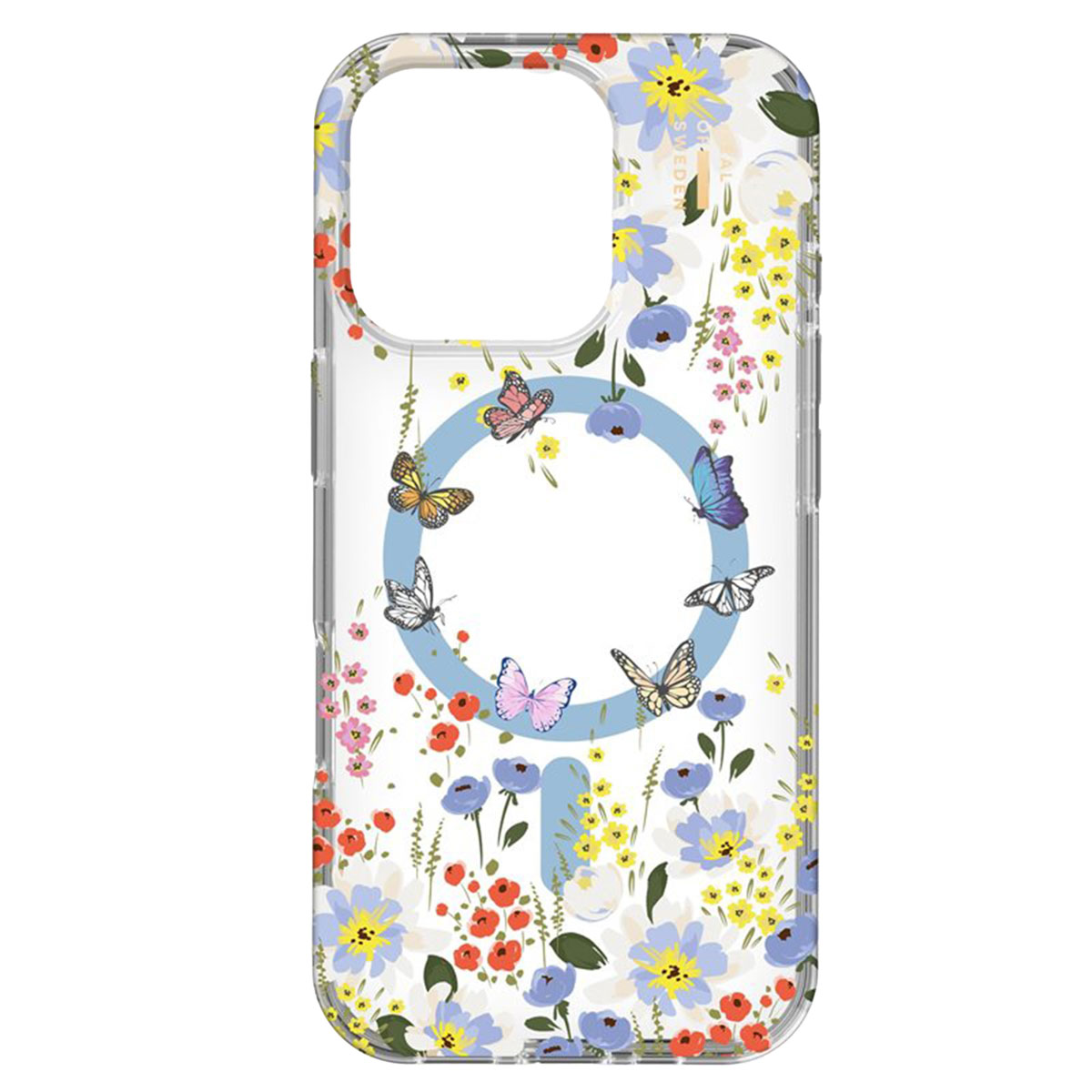 Transparente Handyhülle mit Blumen und Schmetterlingen.