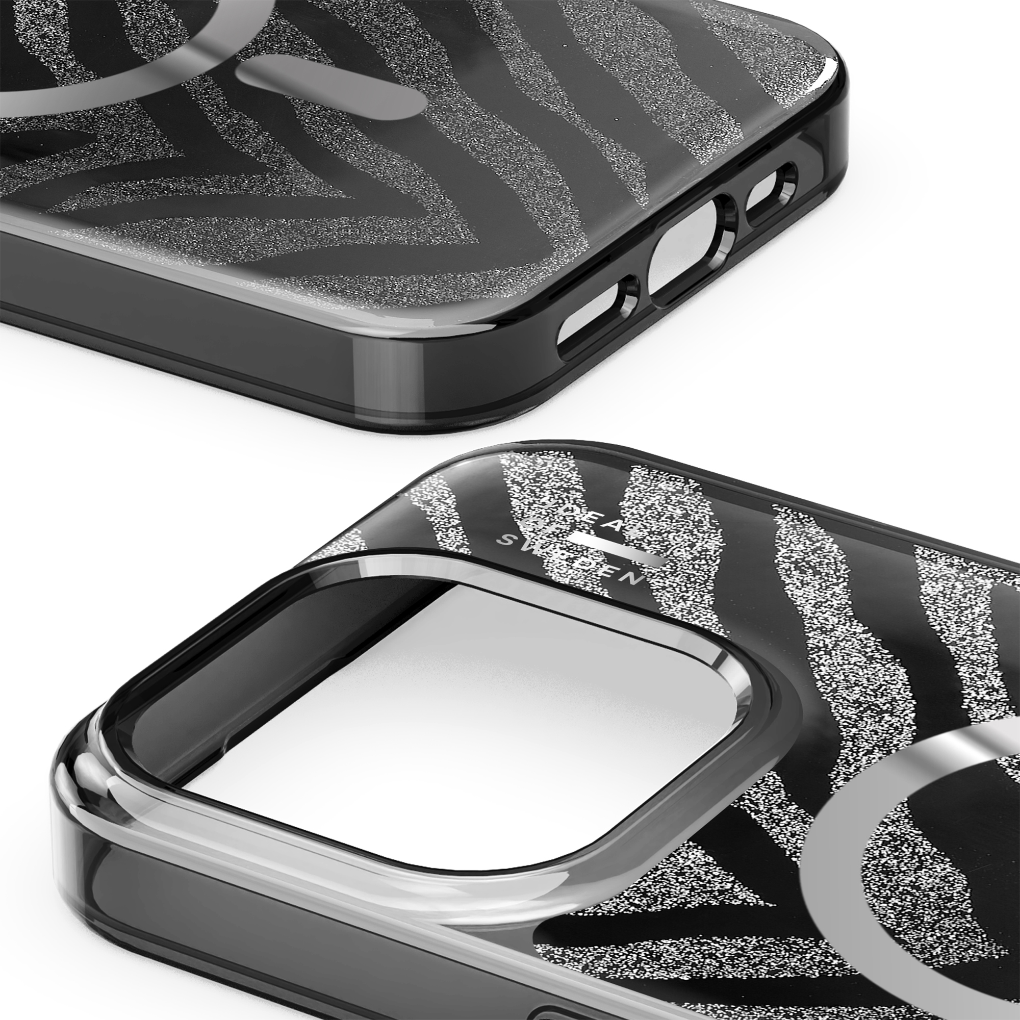 Schwarze Handyhülle mit Glitzer-Zebra-Muster und Metallelementen.