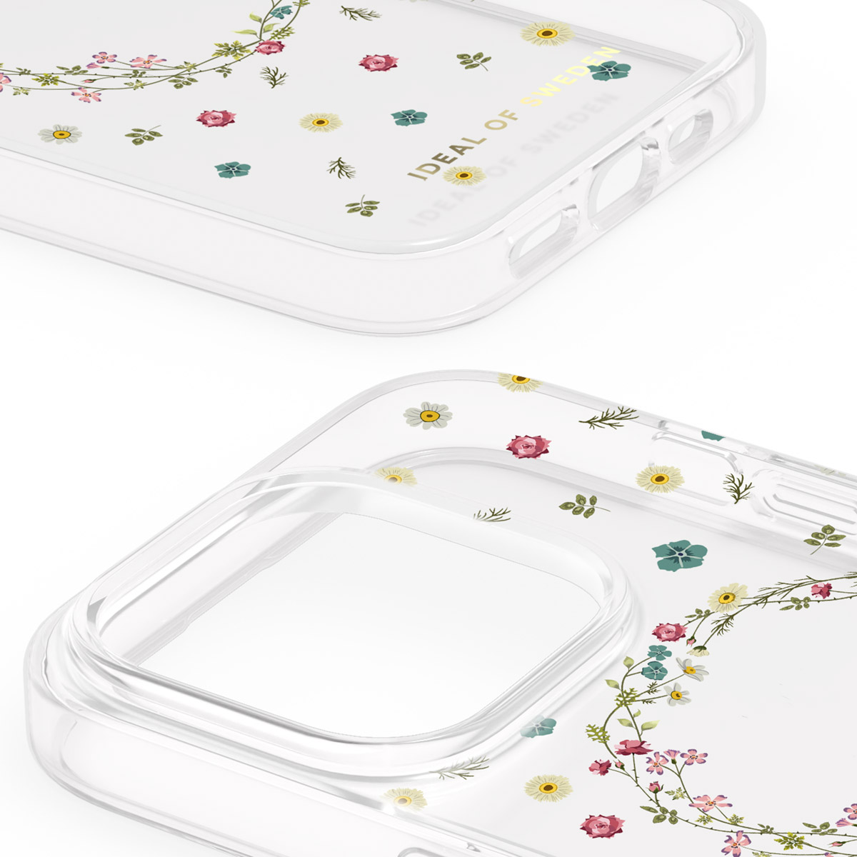 Transparente Handyhülle mit floralem Muster und Logo.