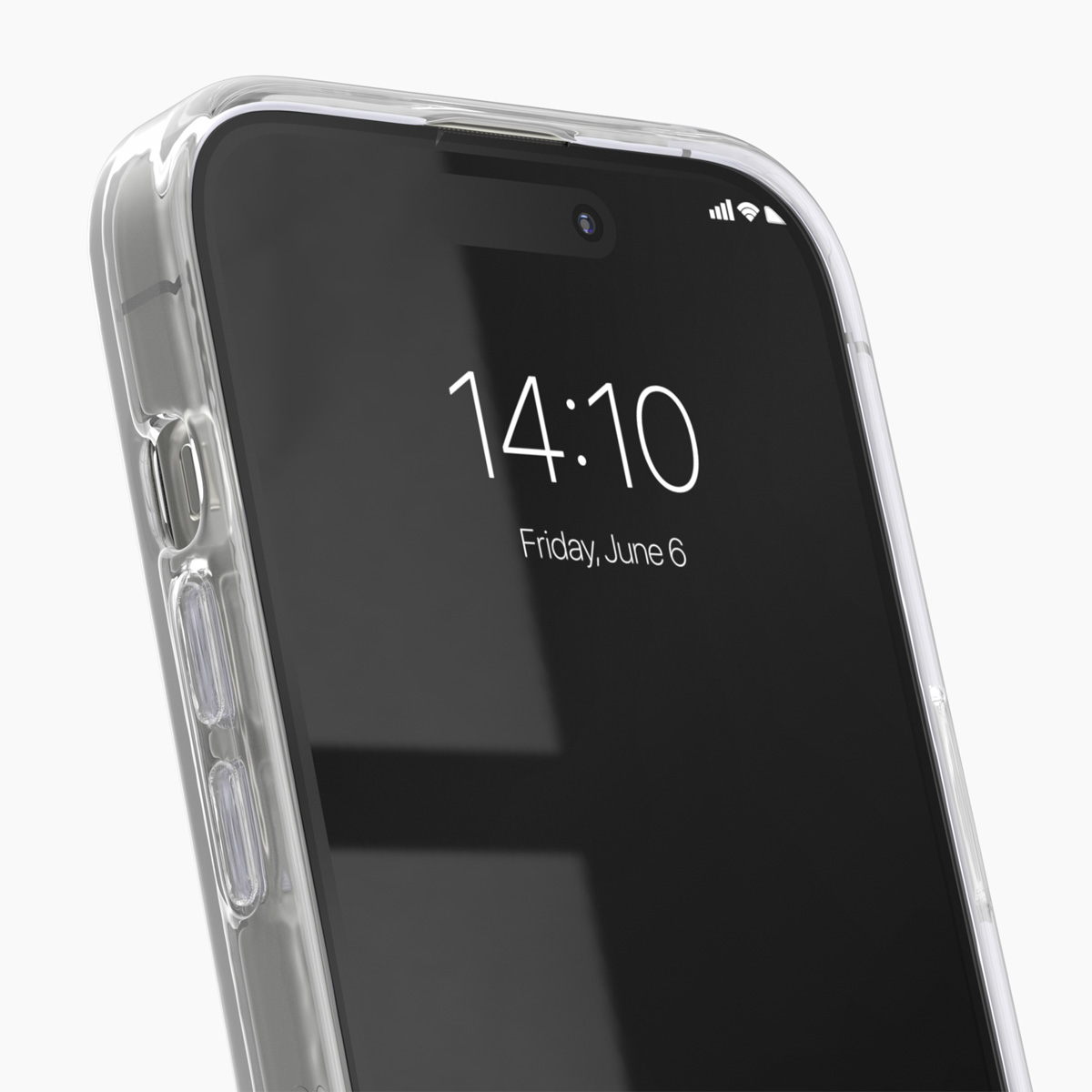 Ein transparentes Handyhülle schützt ein Smartphone mit schwarzem Bildschirm.