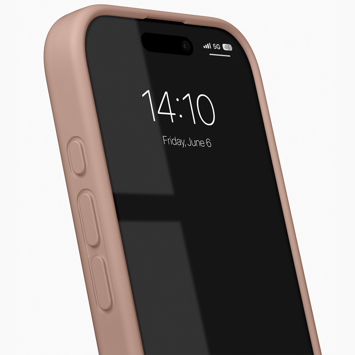 Ein rosafarbenes Handy mit einem schwarzen Bildschirm zeigt 14:10 und Freitag, 6. Juni.