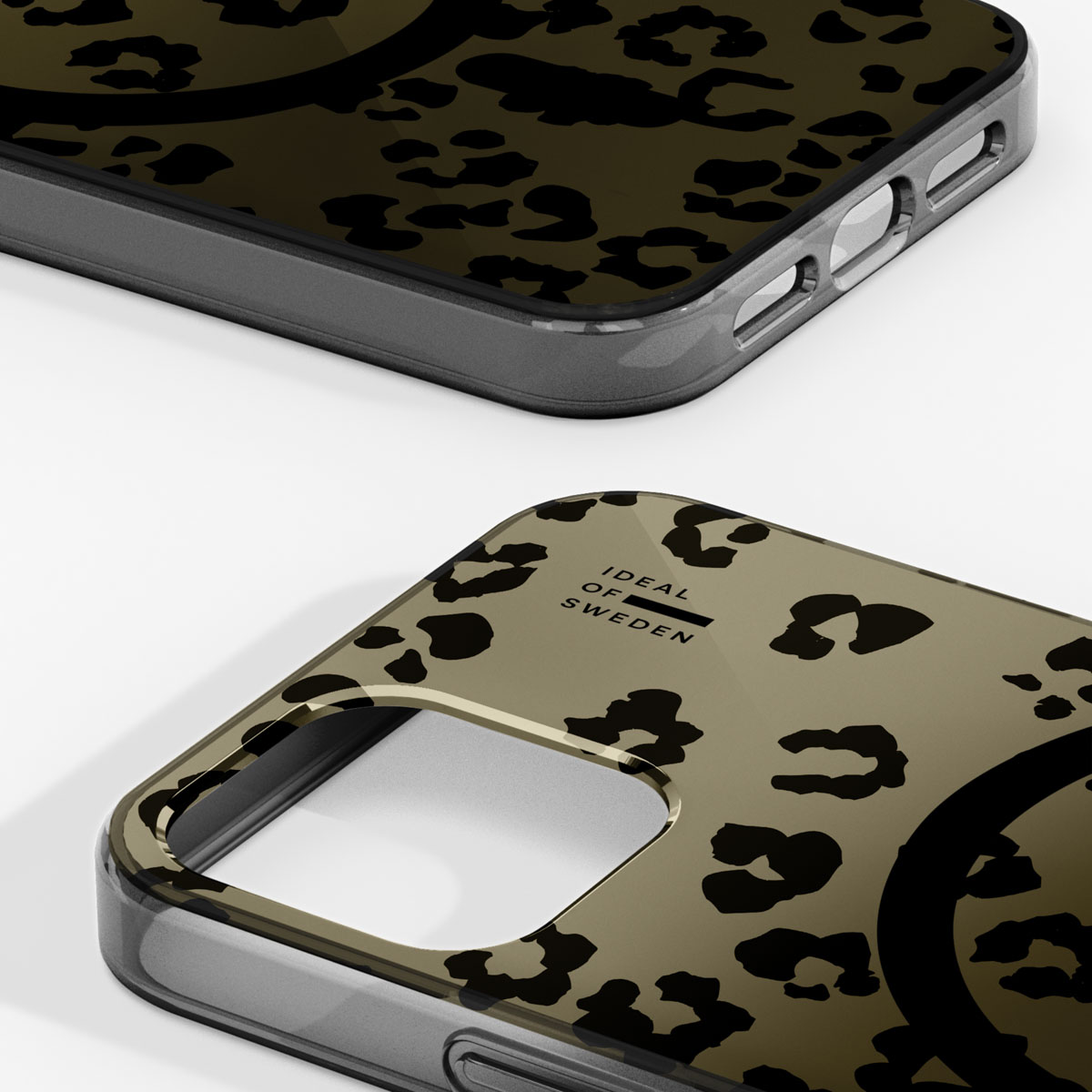 Zwei Handyhüllen mit Leopardenmuster in Khaki und Schwarz.