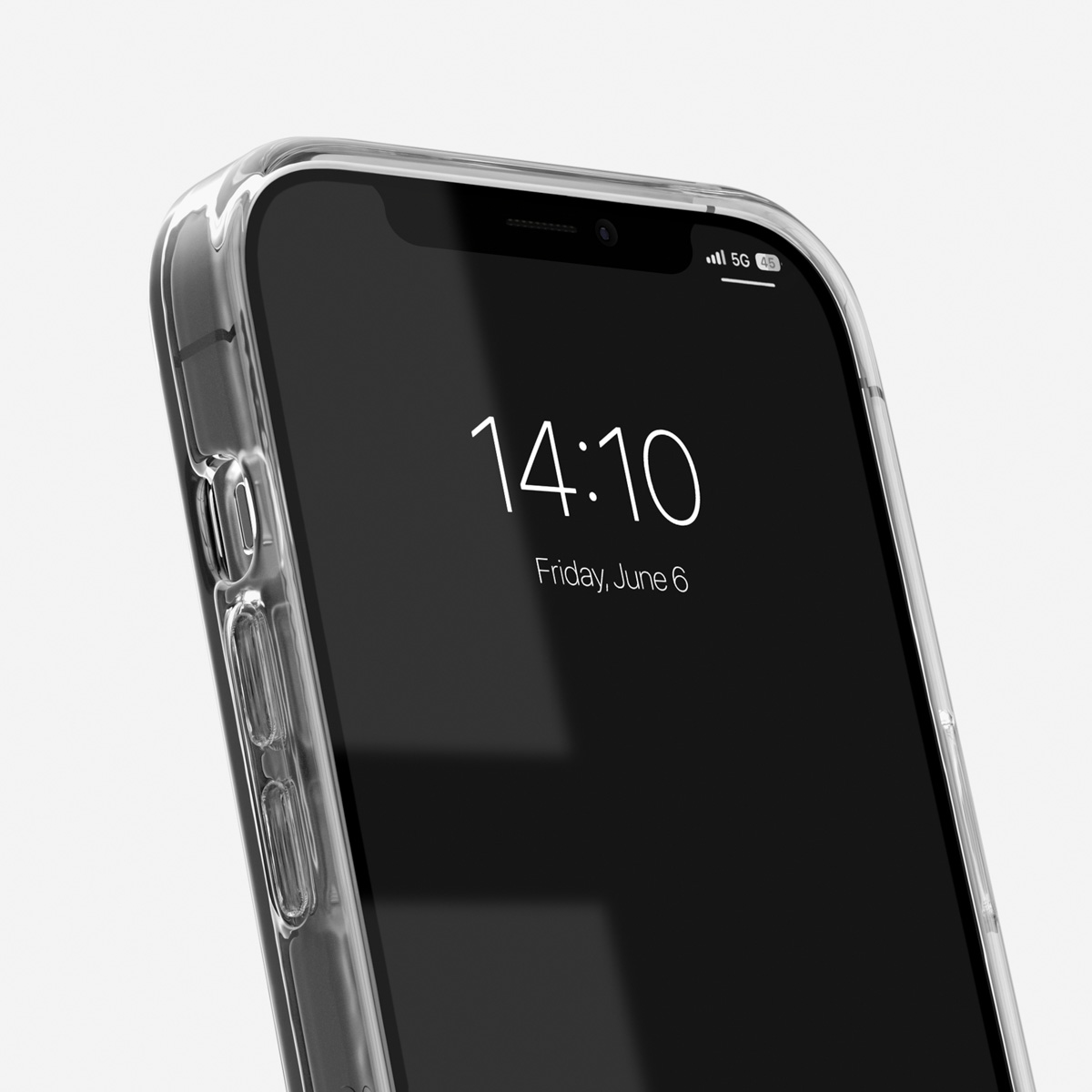 Transparente Hülle um ein Smartphone mit Uhrzeit und Datum auf dem Bildschirm.