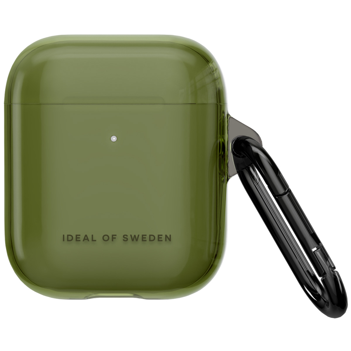 Grüner transparenter AirPods-Pro-Hülle mit schwarzem Karabiner und Logo.