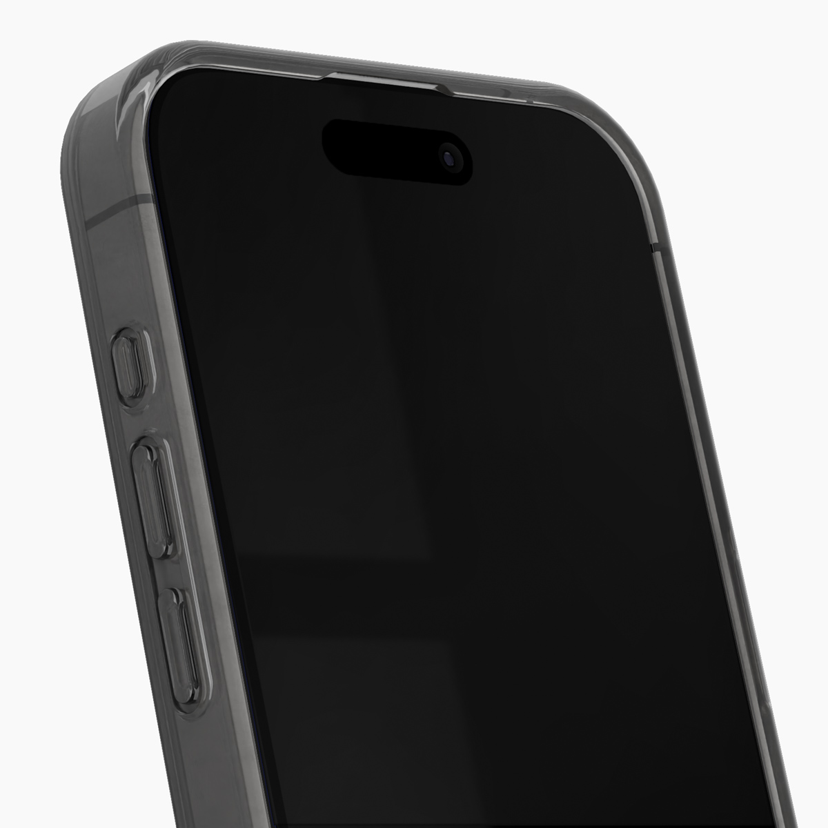 Ein transparenter Handyhülle um ein Smartphone mit dunklem Bildschirm.