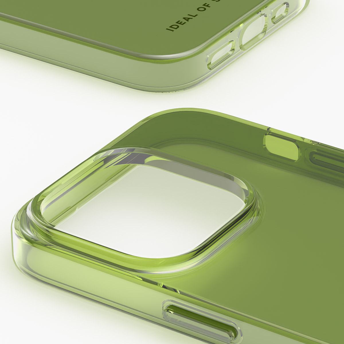 Transparente grüne Handyhülle mit Ausschnitten für Kamera und Tasten.
